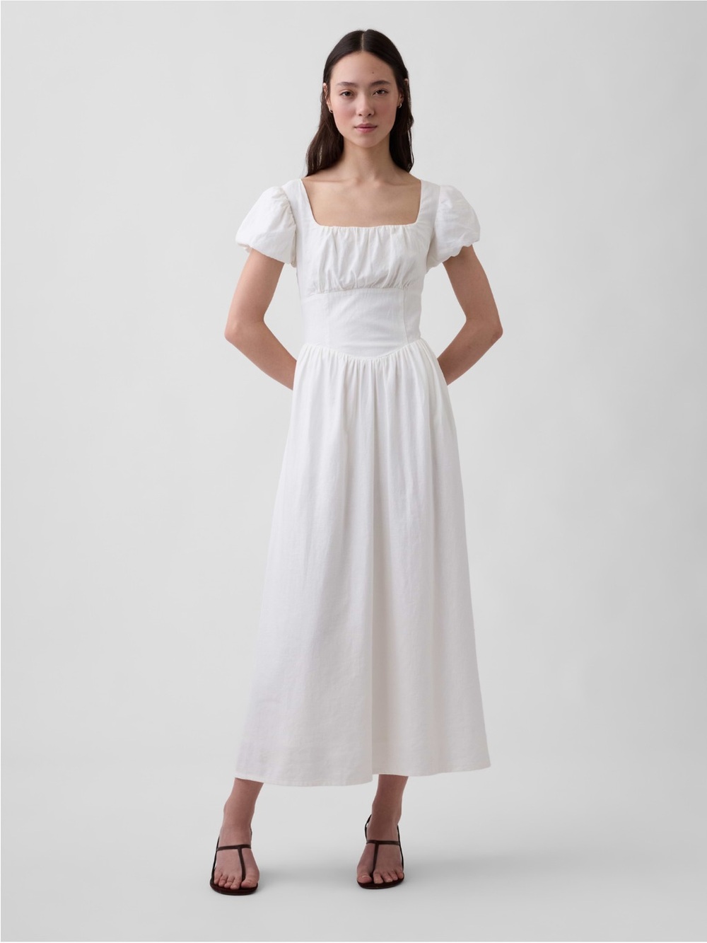 White Square-Neck Midi Dress with Puff Sleeves